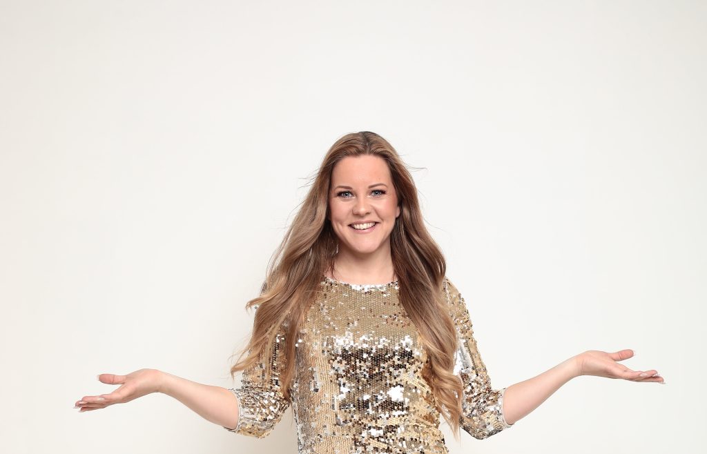 Full length, gold dress, white background