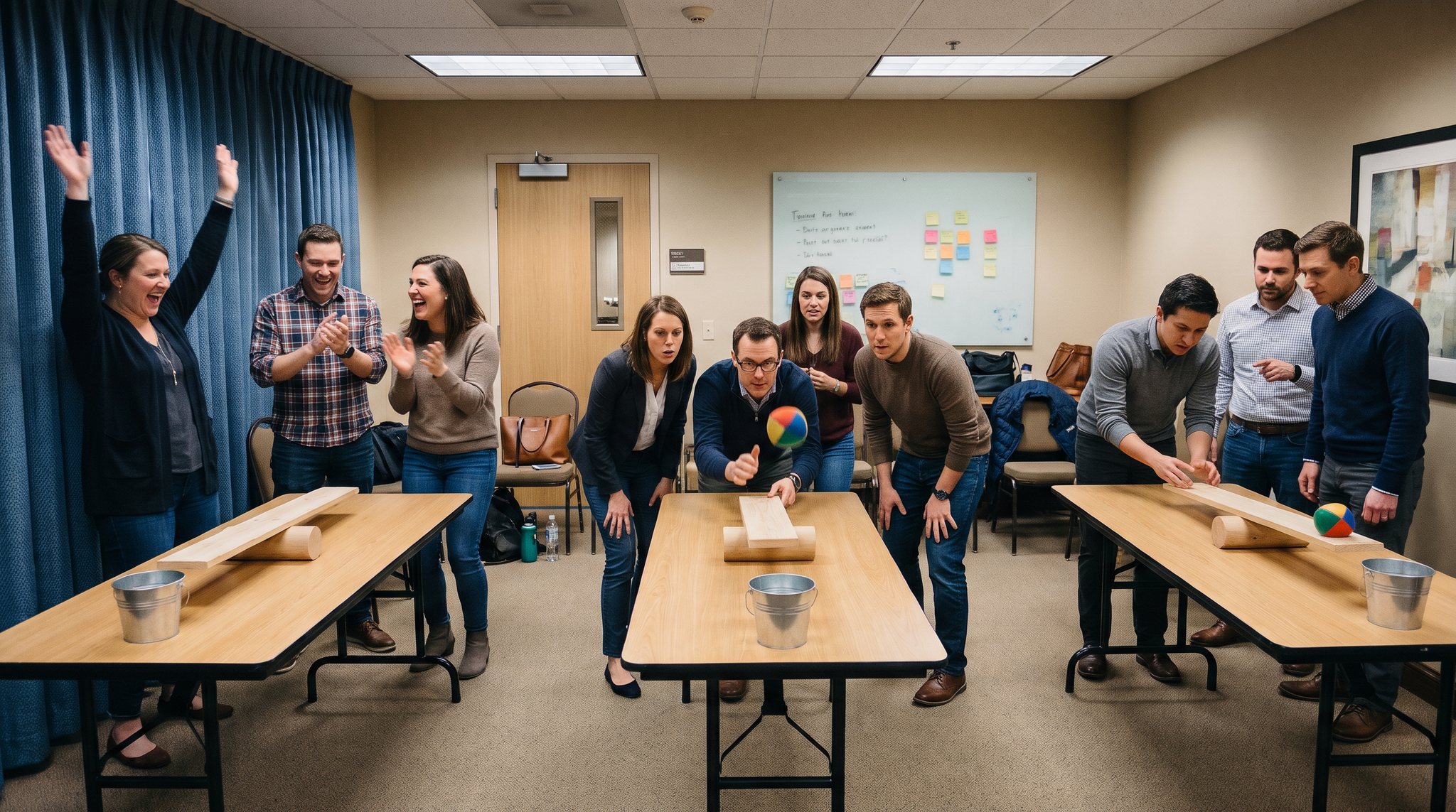 Teams compete at tables with everyday objects while colleagues cheer