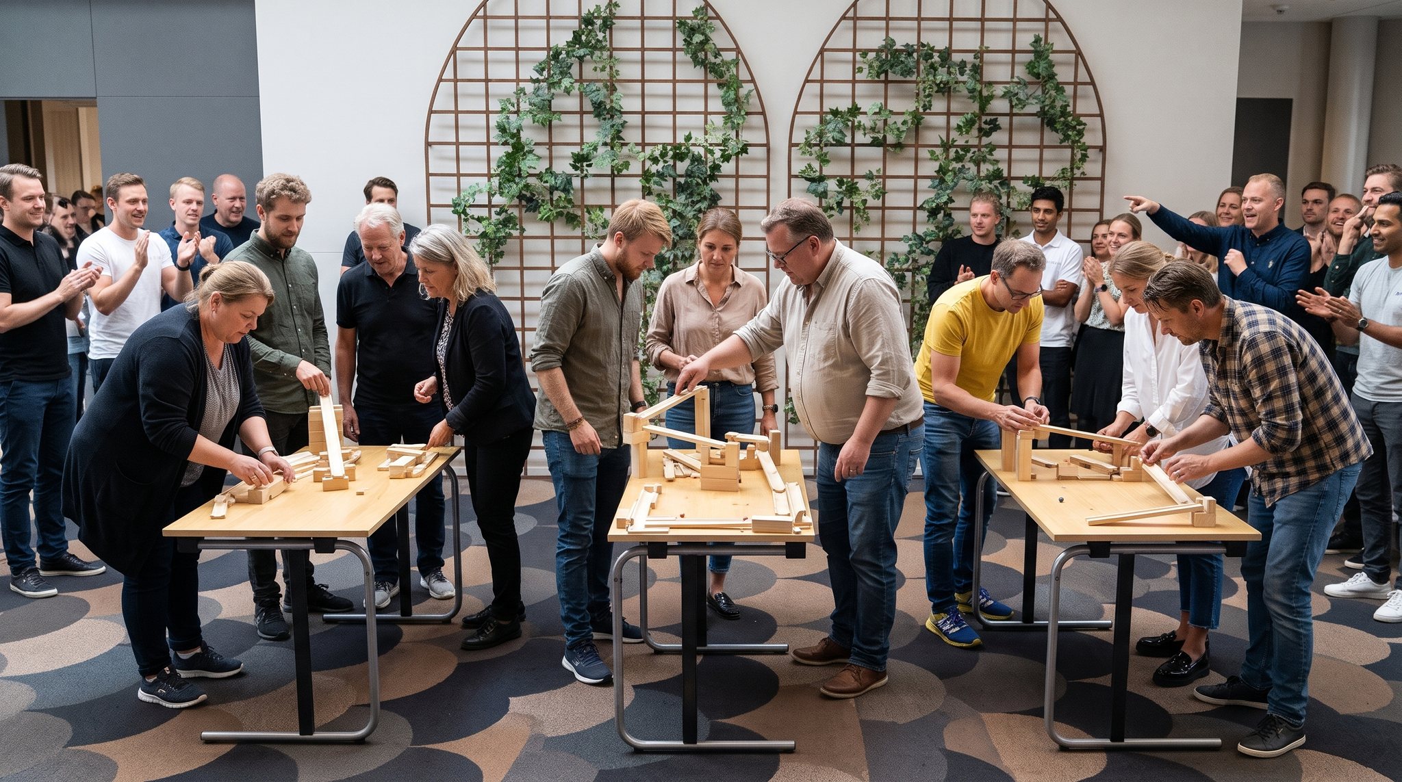 Teams build and compete at the tables with marble runs and props