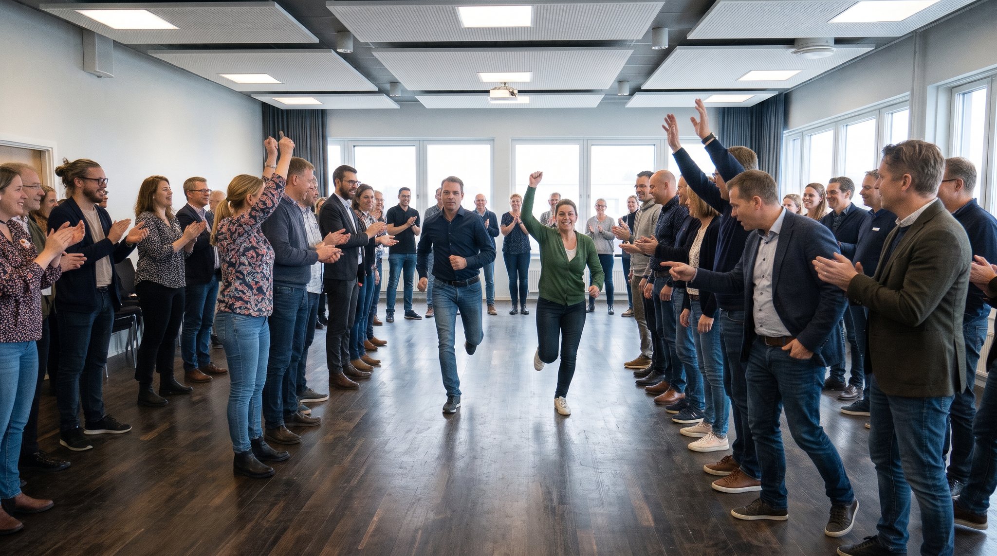 Guests run around their circle while colleagues laugh and cheer