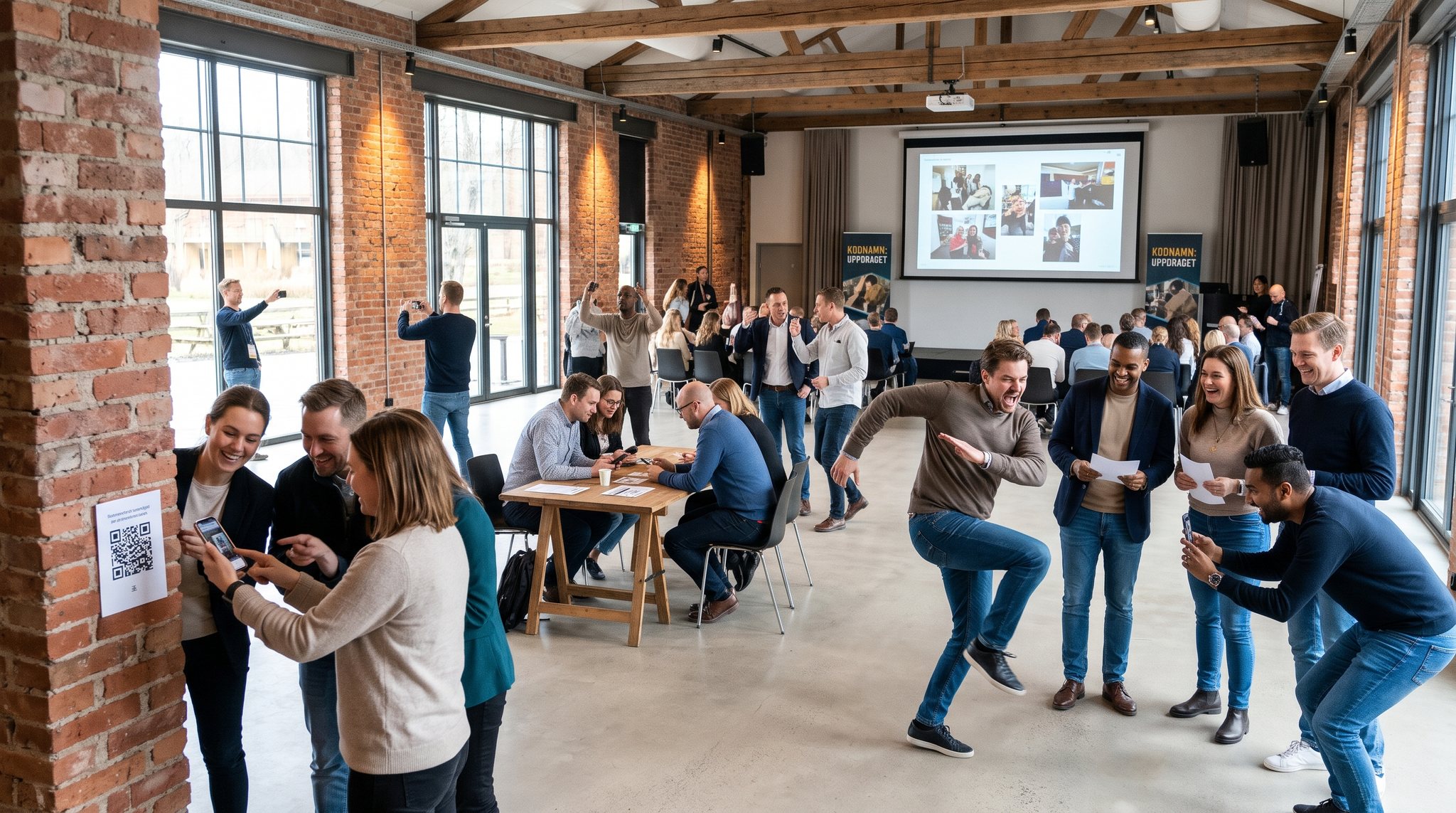 Teams scan a QR code on the wall and take photos of each other in a bright venue