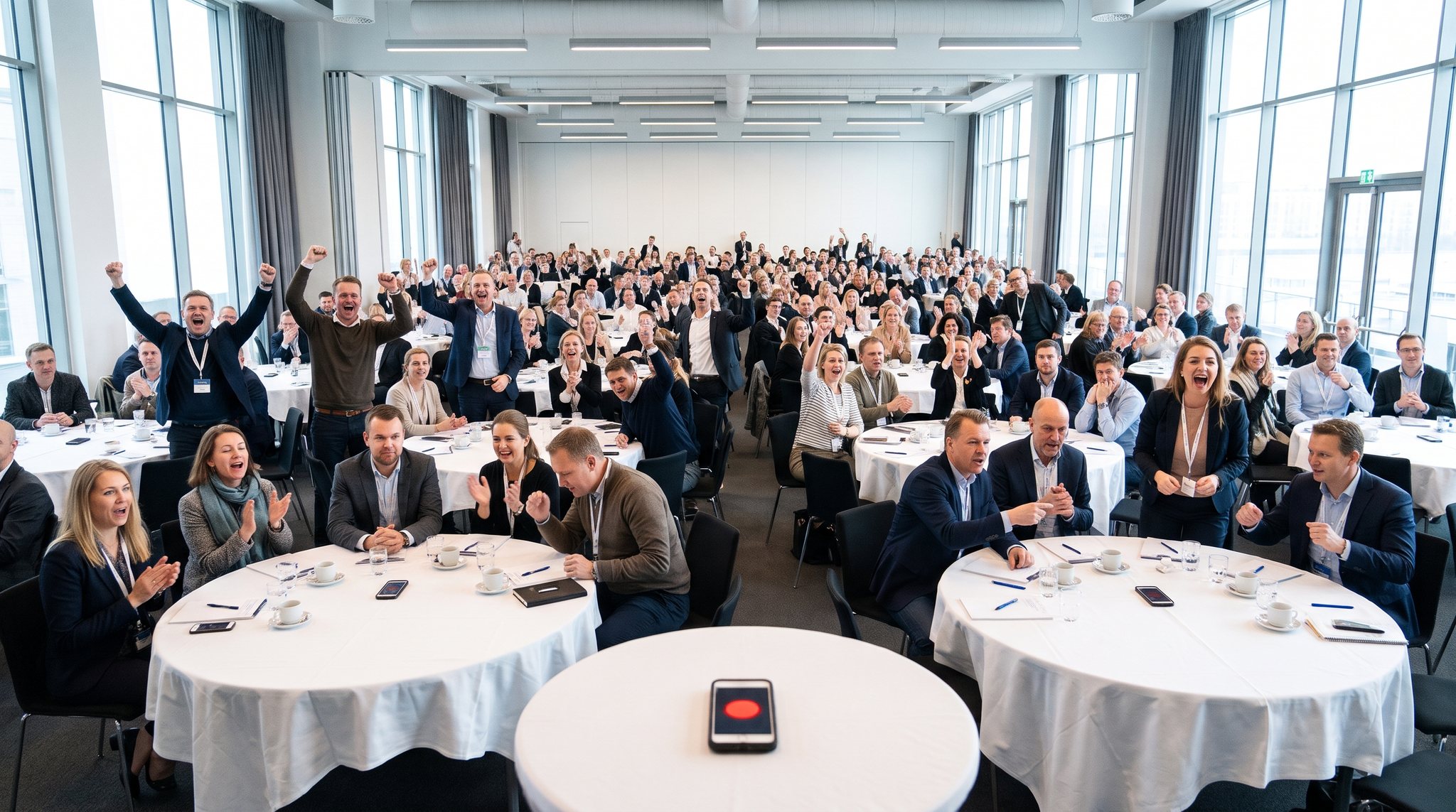 Conference guests at round tables cheering with their phones in front of them