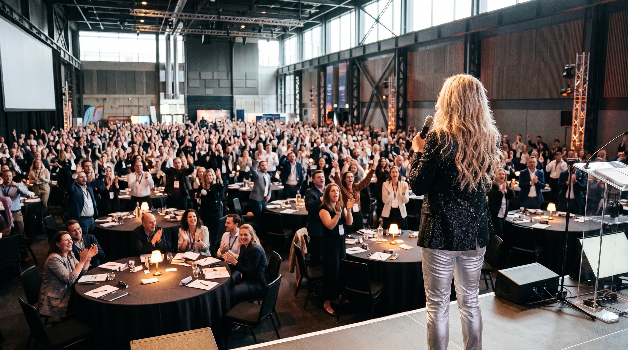 The artist on stage in front of a packed room with round tables
