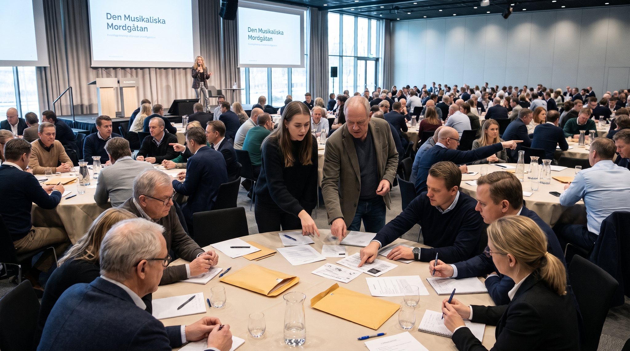 Teams at round tables go through clues and evidence in envelopes
