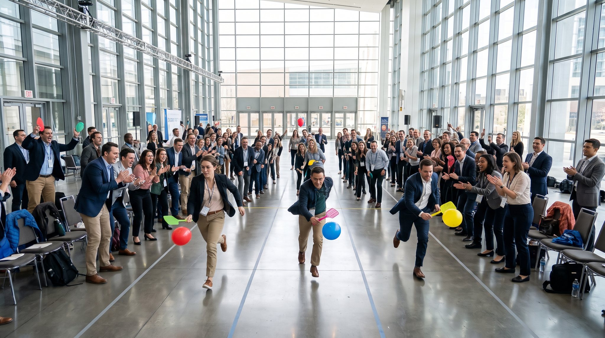 Teams race in a relay with balloons in a large bright venue